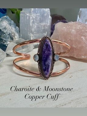 Charoite & Moonstone Copper Cuff Bracelet - Purple